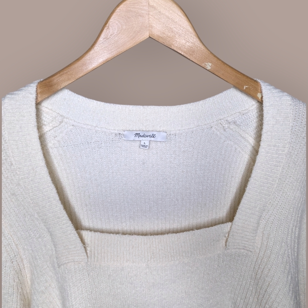 Madewell Sweater Size Large Cream Melwood Coziest Yarn Wool Square Neck Pullover - Picture 5 of 8